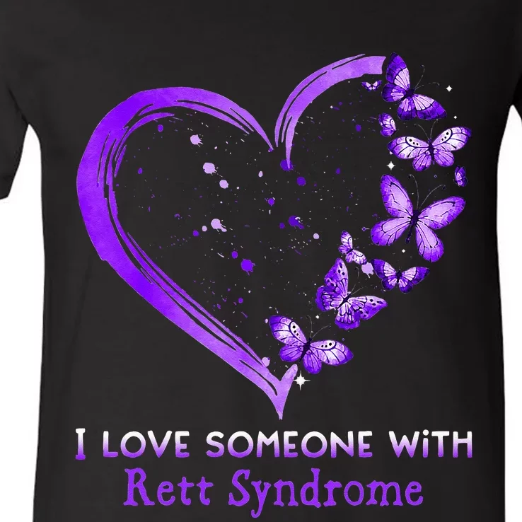 I Love Someone With Rett Syndrome Awareness Purple Ribbon V-Neck T-Shirt