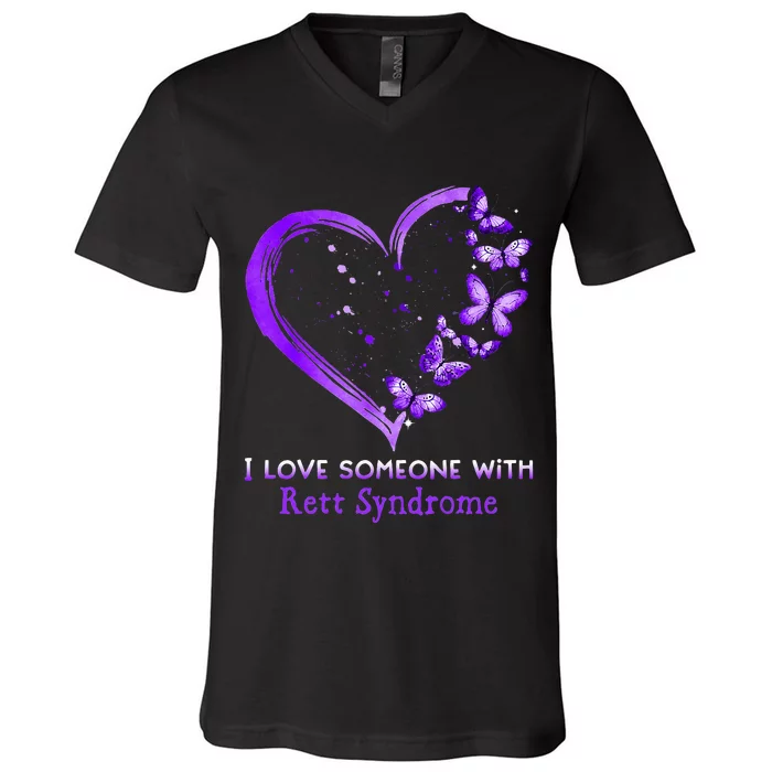 I Love Someone With Rett Syndrome Awareness Purple Ribbon V-Neck T-Shirt