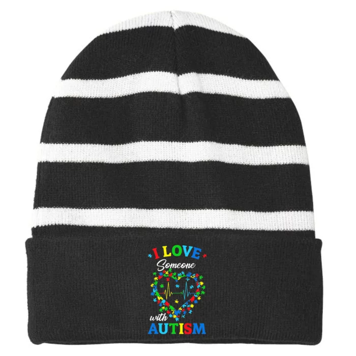 I Love Someone with Autism Awareness Striped Beanie with Solid Band