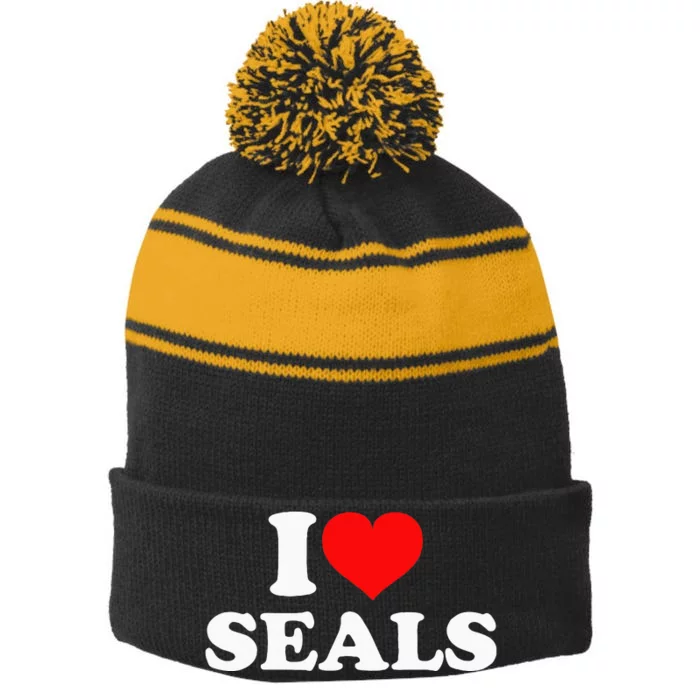 I Love Seals Stripe Pom Pom Beanie