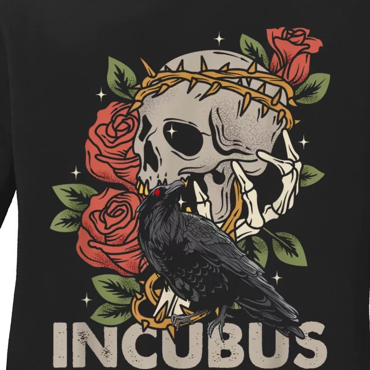 IncubusCrow Left Skull Morning And Flower Halloween Graphic Ladies Long Sleeve Shirt