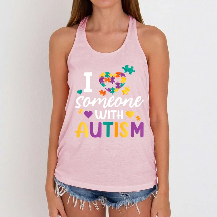 I Love Someone With Autism Awareness Month Support Meaningful Gift Women's Knotted Racerback Tank