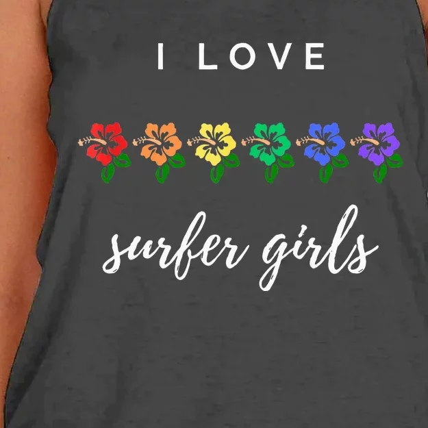 I Love Surfer Pride Rainbow Hibiscus Women's Knotted Racerback Tank