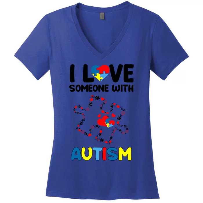 I Love Someone With Autism Puzzle Piece Hearts Autism Mom Gift Women's V-Neck T-Shirt