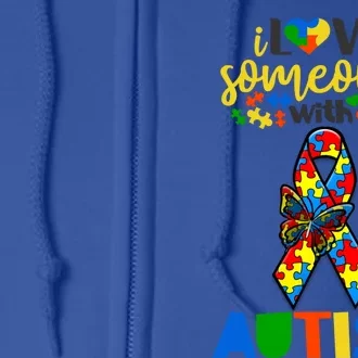 I Love Someone With Autism Puzzle Ribbon Butterfly Awareness Cool Gift Full Zip Hoodie