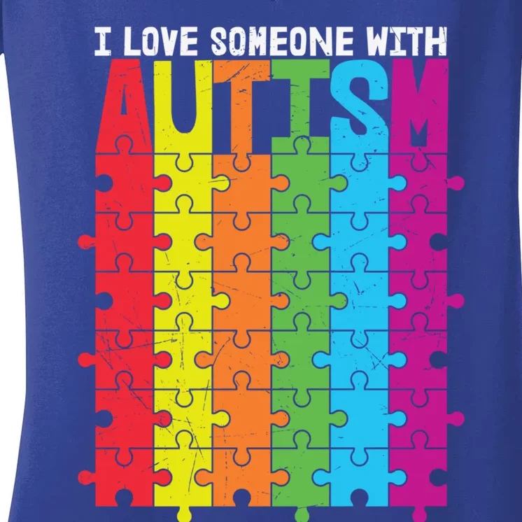 I Love Someone With Autism Puzzle Pieces Autism Awareness Cool Gift Women's V-Neck T-Shirt