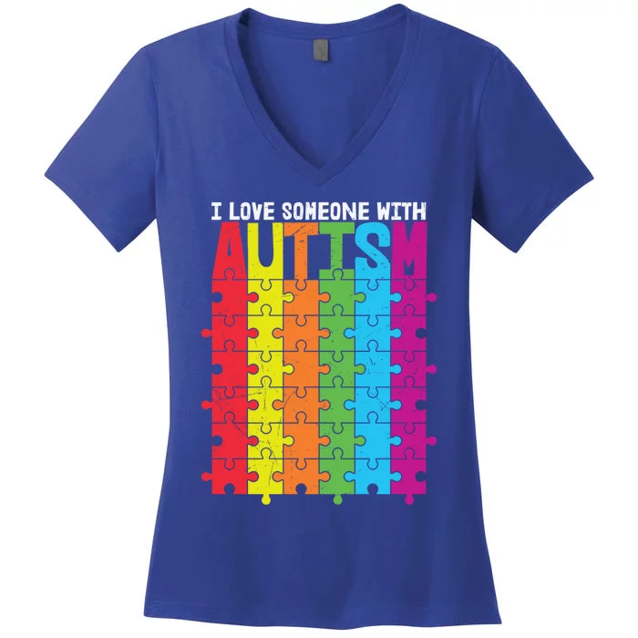 I Love Someone With Autism Puzzle Pieces Autism Awareness Cool Gift Women's V-Neck T-Shirt