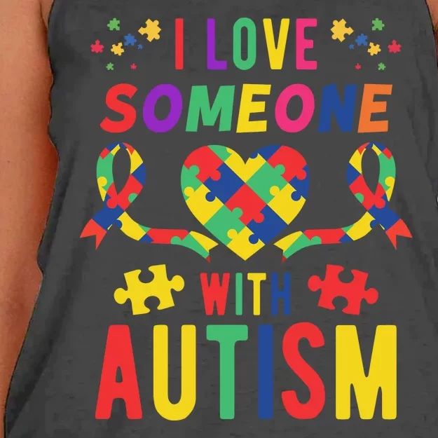 I Love Someone With Autism Ribbon Heart Women's Knotted Racerback Tank