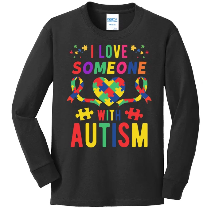 I Love Someone With Autism Ribbon Heart Kids Long Sleeve Shirt