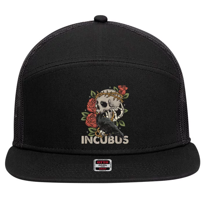 IncubusCrow Left Skull Morning And Flower Halloween Graphic 7 Panel Mesh Trucker Snapback Hat