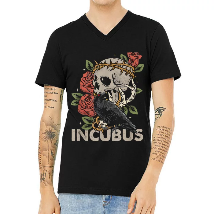 IncubusCrow Left Skull Morning And Flower Halloween Graphic V-Neck T-Shirt