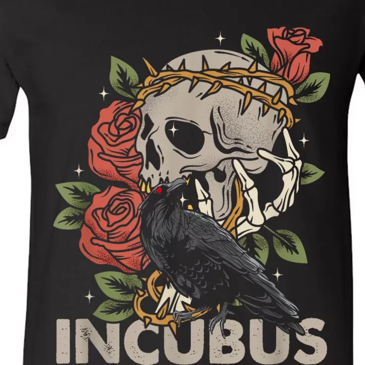 IncubusCrow Left Skull Morning And Flower Halloween Graphic V-Neck T-Shirt