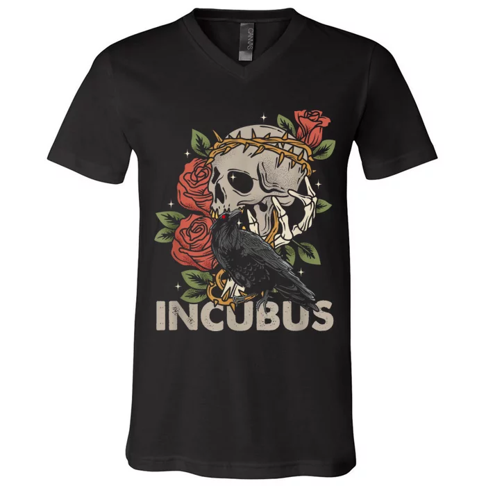 IncubusCrow Left Skull Morning And Flower Halloween Graphic V-Neck T-Shirt