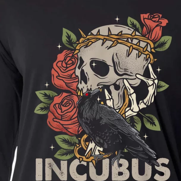 IncubusCrow Left Skull Morning And Flower Halloween Graphic Cooling Performance Long Sleeve Crew