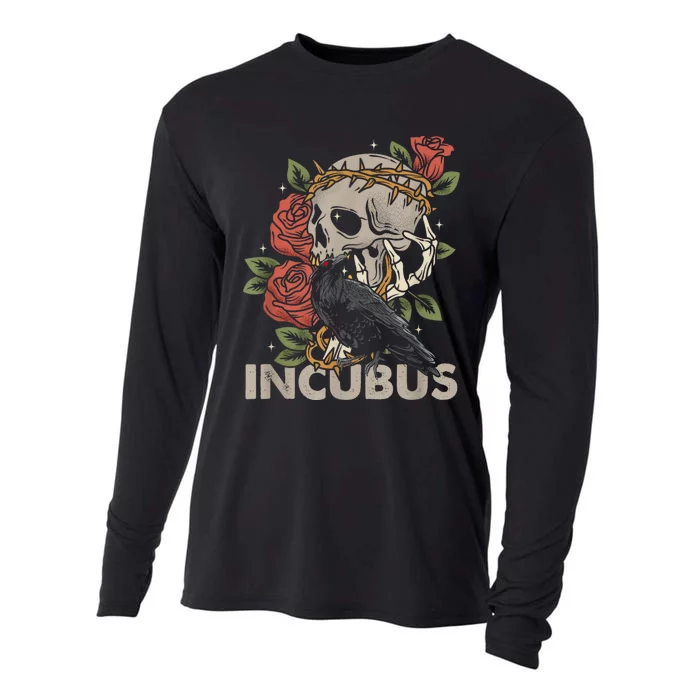 IncubusCrow Left Skull Morning And Flower Halloween Graphic Cooling Performance Long Sleeve Crew