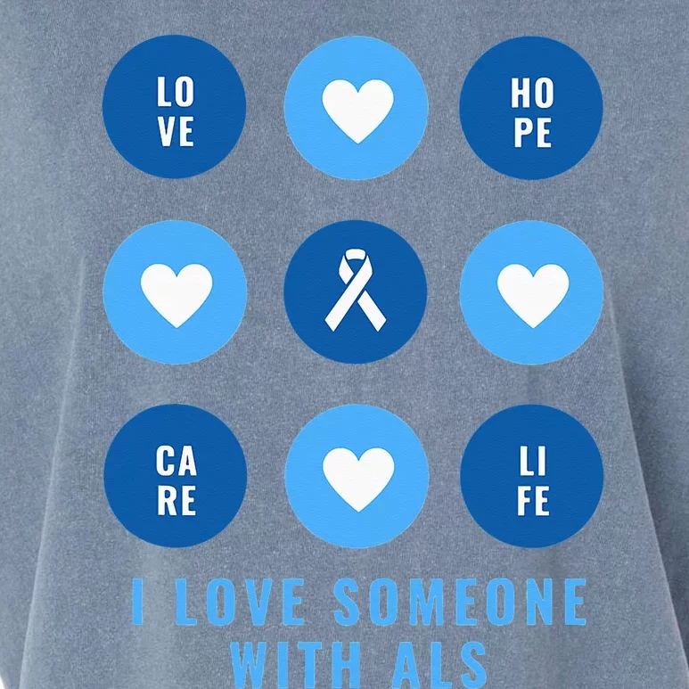 I Love Someone with ALS - Support ALS Awareness Blue Ribbon Garment-Dyed Women's Muscle Tee