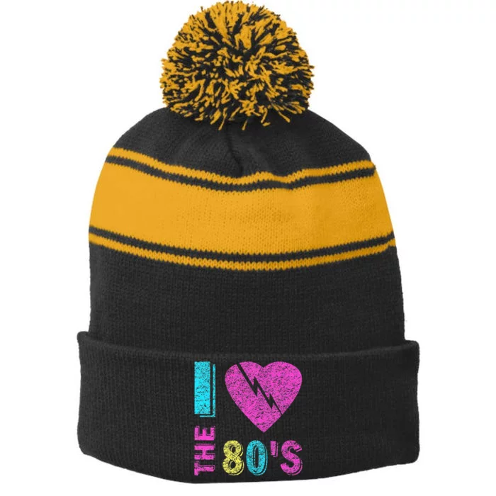 I Love The 80s 90s Costume Funny Party Stripe Pom Pom Beanie