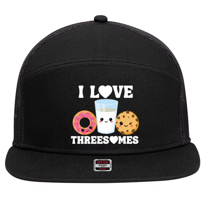 I Love Threesomes Donut Cookie Milk Valentine Pun 7 Panel Mesh Trucker Snapback Hat