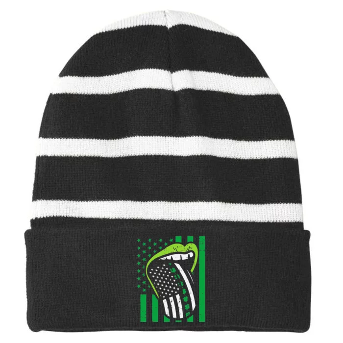 Irish Lips Tongue US Flag St Patricks Day Patriot Striped Beanie with Solid Band