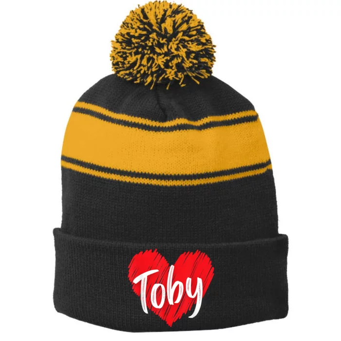 I Love Toby Heart Personalized Name Toby Stripe Pom Pom Beanie