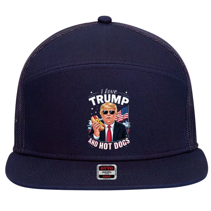 I Love Trump And Hot Dogs Hilarious Conservative 7 Panel Mesh Trucker Snapback Hat