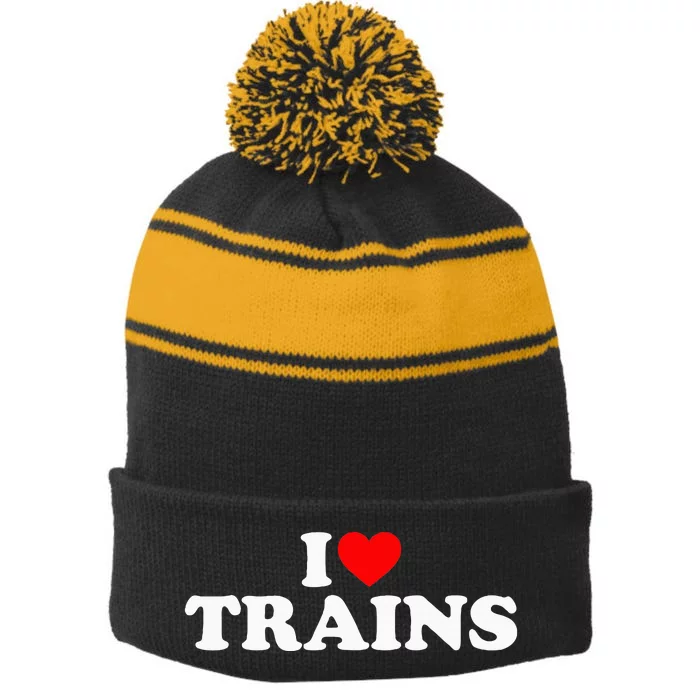 I Love Trains Stripe Pom Pom Beanie