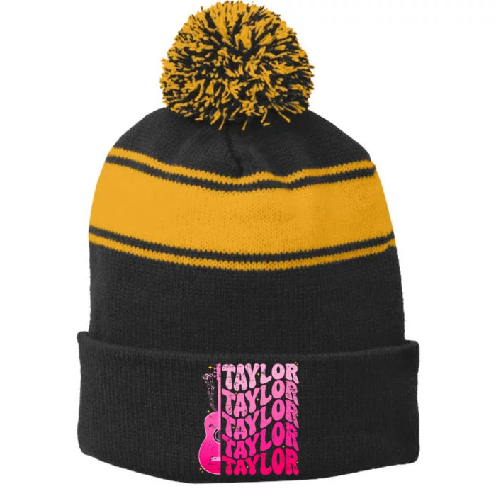 I Love Taylor Retro 80s Themes Retro First Name Personalized Groovy 80s Pink Stripe Pom Pom Beanie