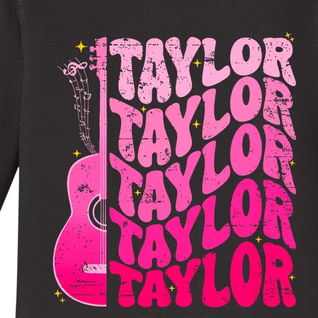 I Love Taylor Retro 80s Themes Retro First Name Personalized Groovy 80s Pink Baby Long Sleeve Bodysuit