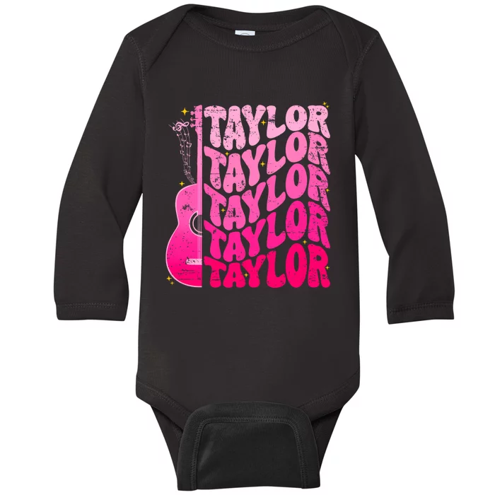 I Love Taylor Retro 80s Themes Retro First Name Personalized Groovy 80s Pink Baby Long Sleeve Bodysuit