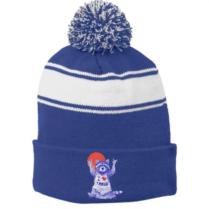 I Love Trash Raccoon Japanese Retro Style Stripe Pom Pom Beanie