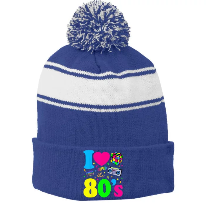 I Love The 80s 80s Clothes Stripe Pom Pom Beanie