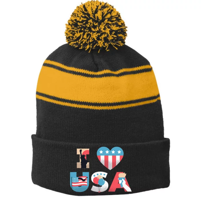 I Love USA Patriotic American Flag I heart USA 4th of July Stripe Pom Pom Beanie