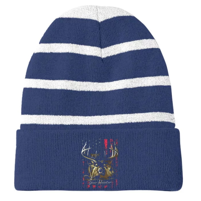 I LOVE USA American Flag And Deer Hunter Striped Beanie with Solid Band