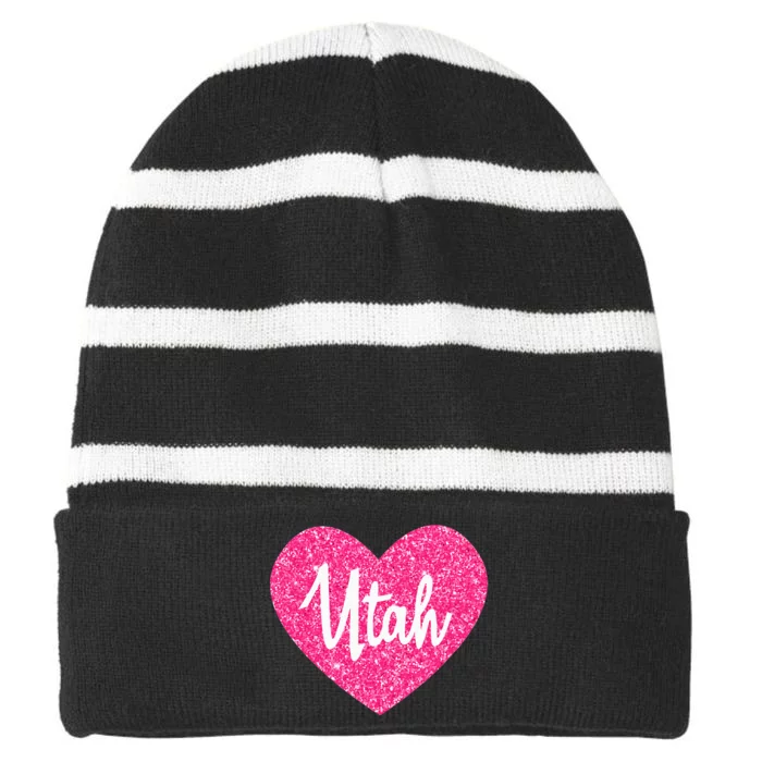 I Love Utah USA State Pink Heart Gift For Women Striped Beanie with Solid Band