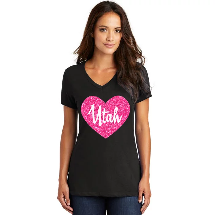 I Love Utah USA State Pink Heart Gift For Women Women's V-Neck T-Shirt