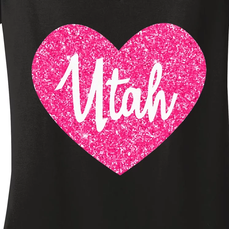 I Love Utah USA State Pink Heart Gift For Women Women's V-Neck T-Shirt