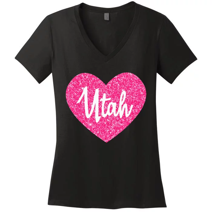 I Love Utah USA State Pink Heart Gift For Women Women's V-Neck T-Shirt