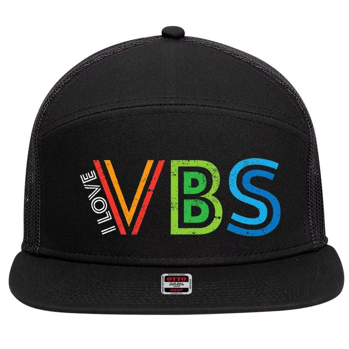 I Love Vbs Vacation Bible School Crew Church Summer Camp 7 Panel Mesh Trucker Snapback Hat