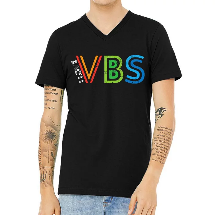 I Love Vbs Vacation Bible School Crew Church Summer Camp V-Neck T-Shirt