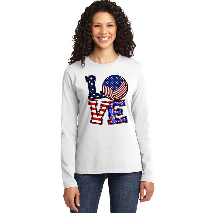 I Love Volleyball American Flag Teen Girl Ladies Long Sleeve Shirt