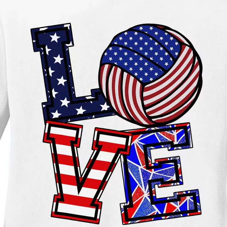 I Love Volleyball American Flag Teen Girl Ladies Long Sleeve Shirt