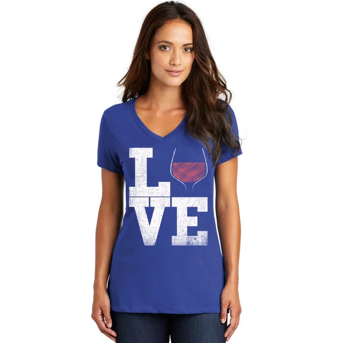 I Love Wine Red Wine Glass Heart Meaningful Gift Wine Er Distressed Funny Gift Women's V-Neck T-Shirt