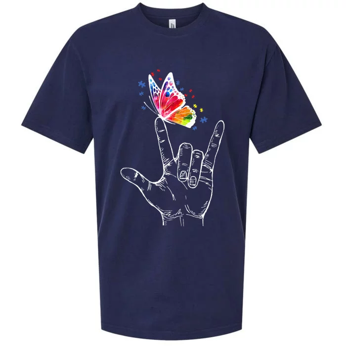 I Love You Hand Sign Language Butterfly Autism Awareness Sueded Cloud Jersey T-Shirt