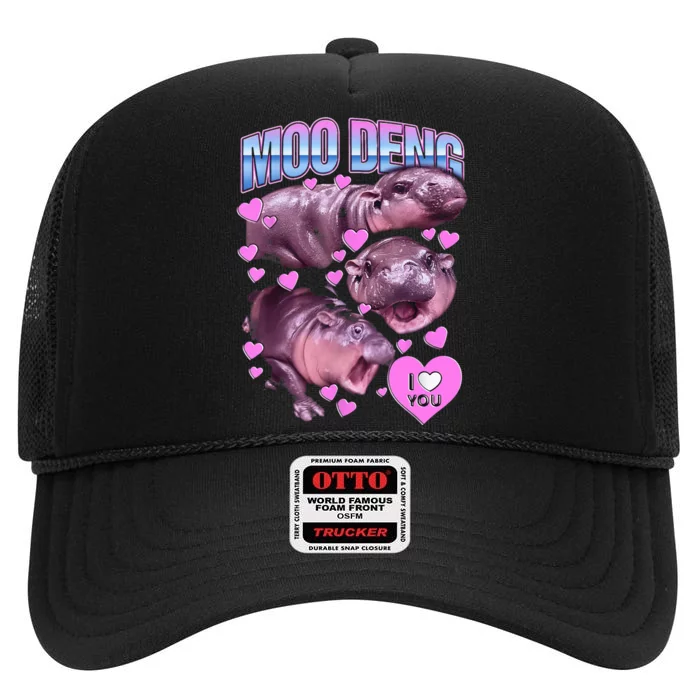 I Love You Moo Deng Cute Funny Hippo High Crown Mesh Trucker Hat