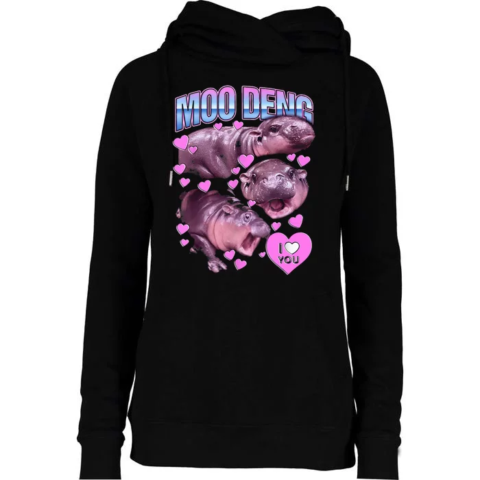 I Love You Moo Deng Cute Funny Hippo Womens Funnel Neck Pullover Hood