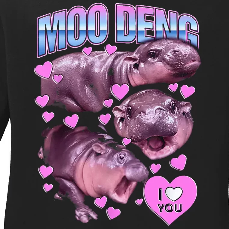 I Love You Moo Deng Cute Funny Hippo Ladies Long Sleeve Shirt