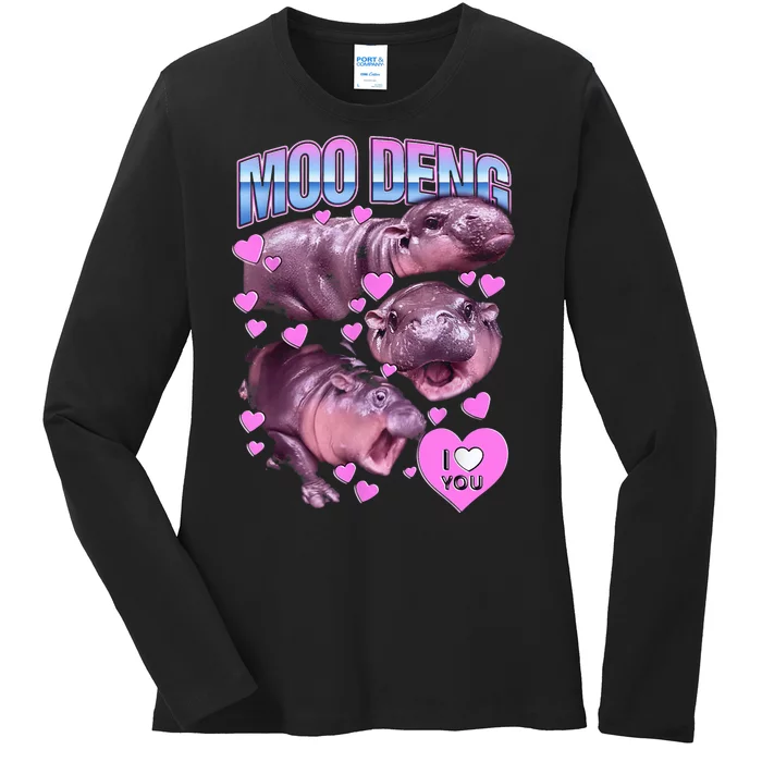 I Love You Moo Deng Cute Funny Hippo Ladies Long Sleeve Shirt