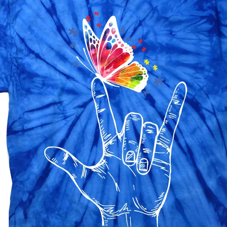 I Love You Hand Sign Language Butterfly Autism Awareness Great Gift Tie-Dye T-Shirt