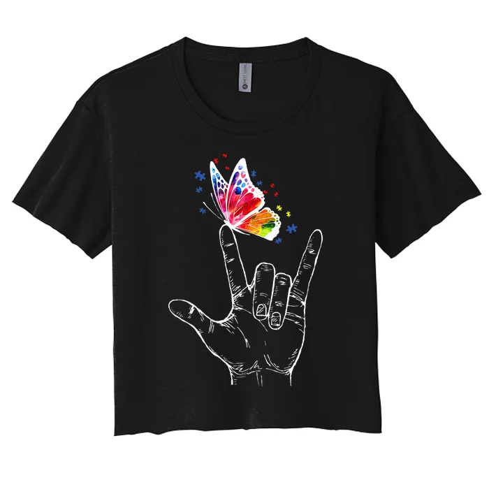 I Love You Hand Sign Language Butterfly Autism Awareness Women's Crop Top Tee