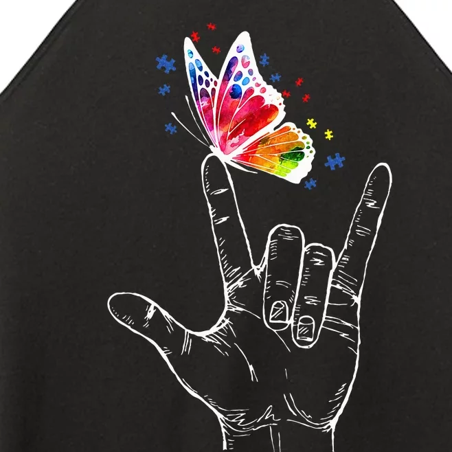 I Love You Hand Sign Language Butterfly Autism Awareness Women’s Perfect Tri Rocker Tank